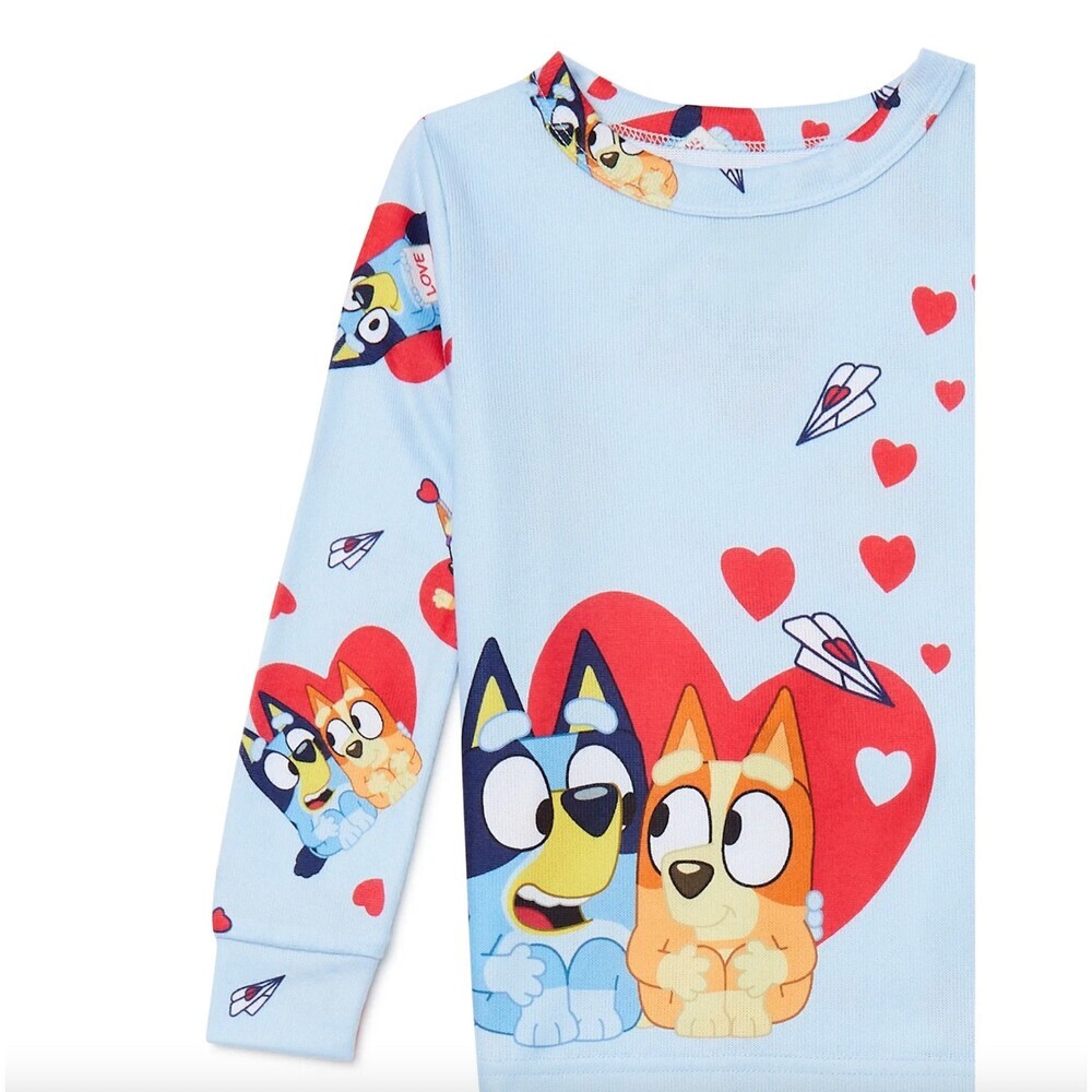 Bluey Valentine's Day Two Piece Toddler Pajama Sets Size 2T or 3T Blue W/ Hearts - Picture 2 of 3